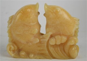CARVED CHINESE TWIN FISH SCULPTURE
