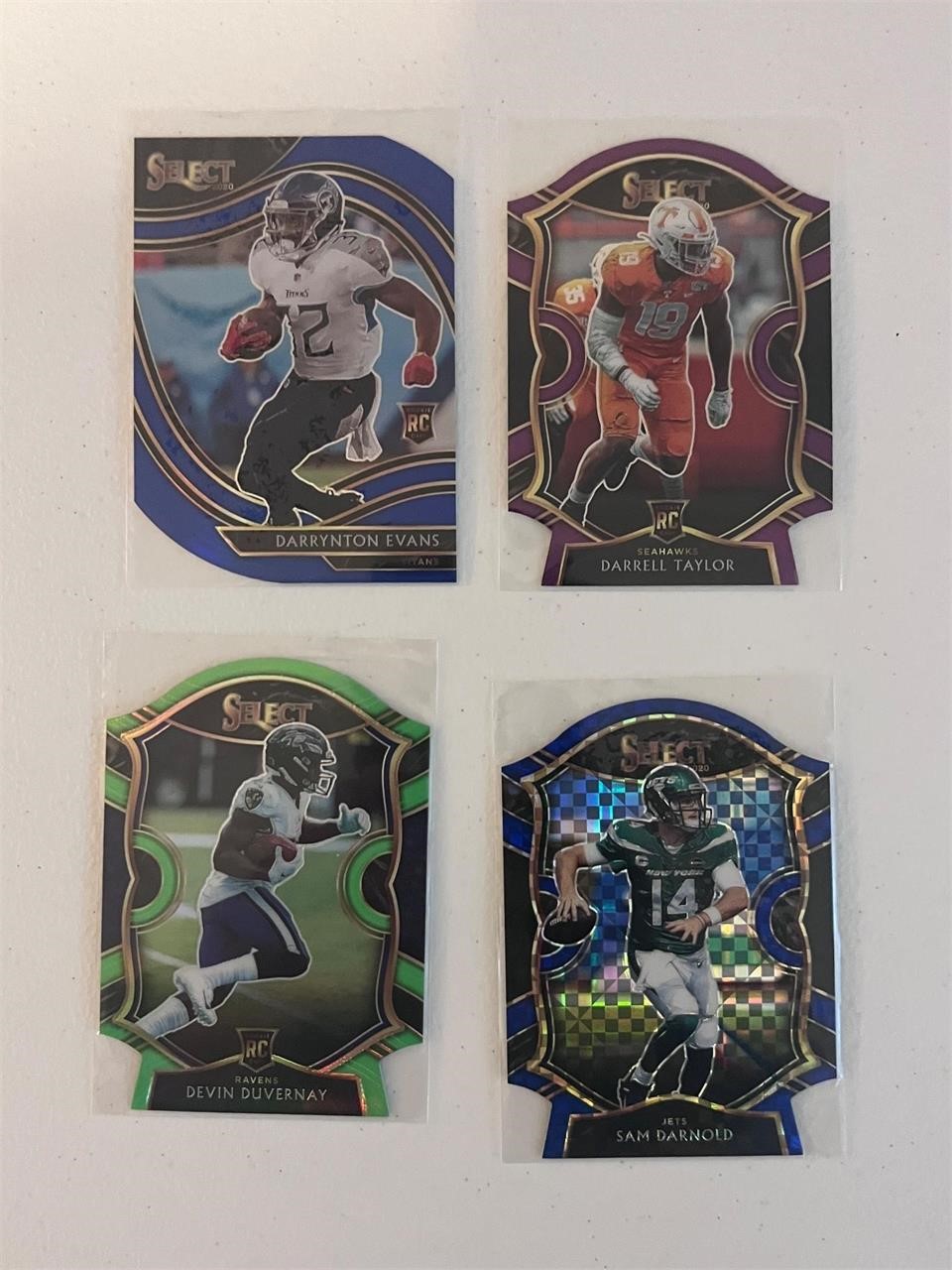 Select Die Cut Duvernay neon, Darnold Blue Prizm