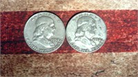 2 X 1958 D Franklin Half Dollar