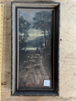 Antique Framed Print of Shepherd and Sheep