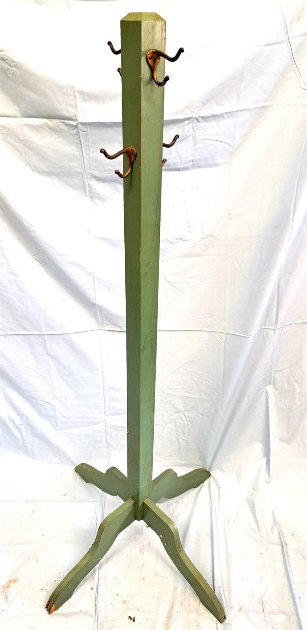 54" T SHABBY GREEN WOOD COAT RACK BARN FRESH