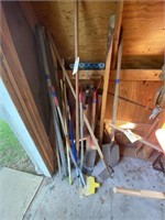 Assortment Shovels Hoes Rakes Handle Tools