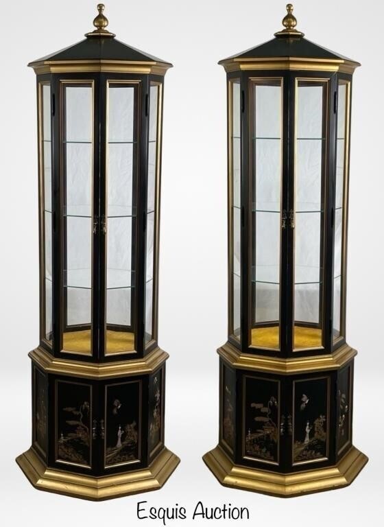Chinoiserie Black Lacquered Pagoda Curio Cabinets