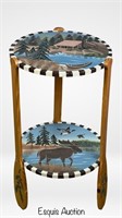 Cottage 2-Tier Side Table Hand-Painted Outdoor Sce