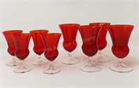 (8) Red Glass Goblets-5 3/4" & 4 3/4" tall