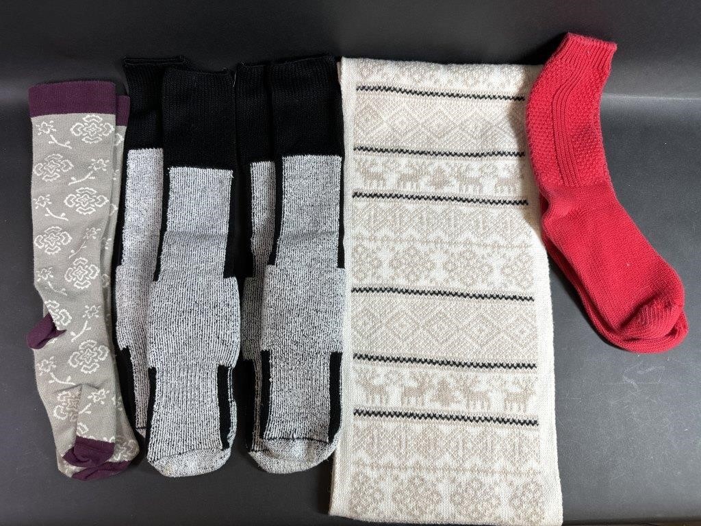 Various Pairs of Socks and Holiday Scarf