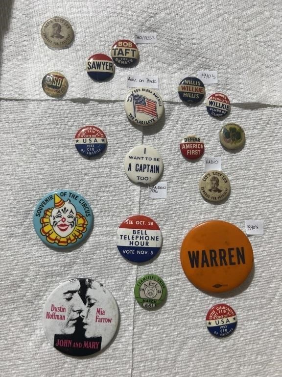 Political buttons and advertising pins