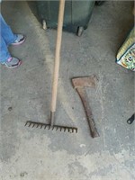 Garden rake and hatchet