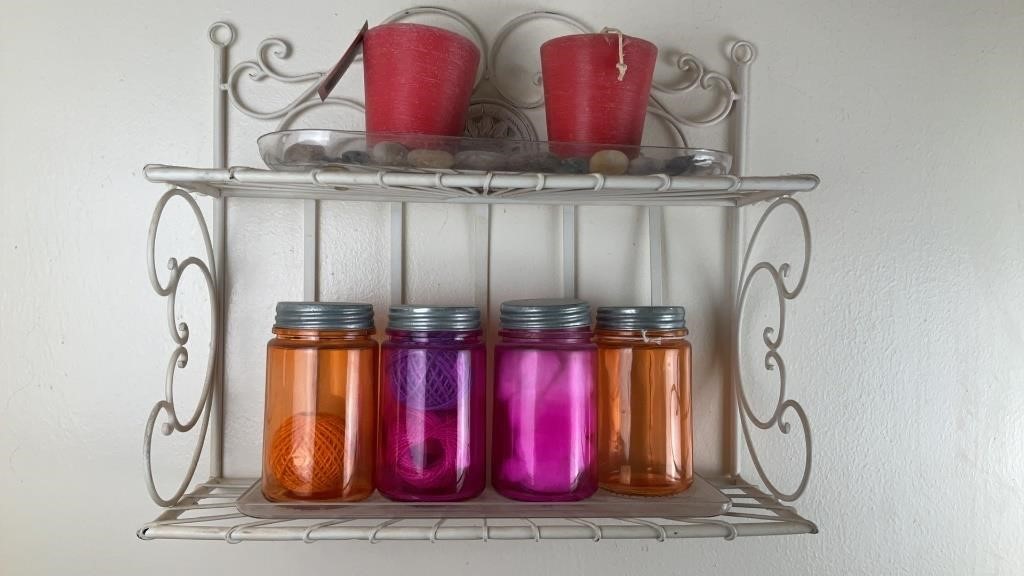 White Metal Shelf and Colorful Jars