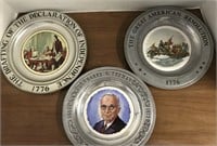 3 PEWTER PLATES WITH PICTURES
