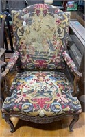 ANTIQUE PETIT POINT / NEEDLEPOINT CARVED ARMCHAIR