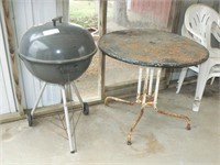 Kettle BBQ grill, metal patio table