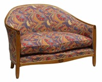 FRENCH ART DECO WALNUT UPHOLSTERED CURVED SOFA