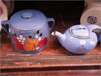 Hall six-cup blue teapot with gold accents; plus