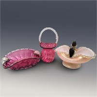 Grouping Of 2 Morano Glass Bowls And 1 Cranberry