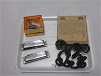 TRAY: HARMONICAS, CANADA STAMPS, TRIVET