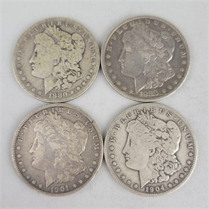 1880-O, 1888, 1901-O & 1904-S Morgan Dollars.