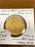 EX/FINE 1901-S $10 GOLD LIBERTY HEAD