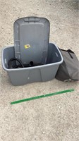 Tote with lid, lawn mower bag, blower attachments