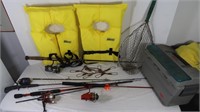 Fishing Lot-Tackle Box, 2 Poles, Net, Life Jackets