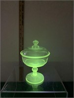 EAPG DUNCAN GLASS COVERED CANDY-URANIUM GLOWS