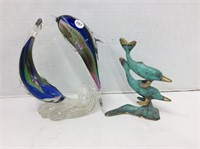 glass and metal dolphin figures tallest, 8 in.