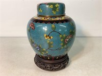 Cloisonné Ginger Jar W/Wood Base, 9in T X 6.5in W