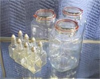 8 Oil & Vinegar Bottles & 3 Jars w/ flip lids