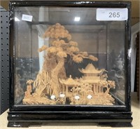Carved Wood & Paper Asian Pagoda Scene in Display.