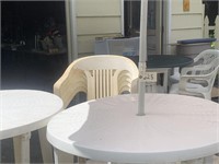 (2) PLASTIC TABLES (4) CHAIRS AND (1) UMBRELLA