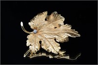 SCINTILLATING GOLD & DIAMOND LEAF BROOCH