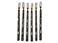 (6) Vintage Black Lacquer Abalone Cocktail Forks