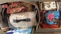2 box: Browning comforter, bedding,vintage aprons