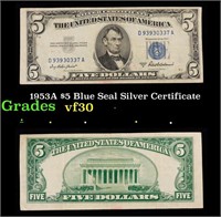 1953A $5 Blue Seal Silver Certificate Grades vf++