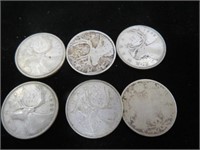 6 old Canadian quarters, 1958, 38, 42