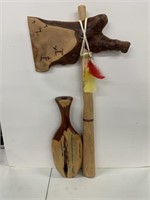 Wood Carved Indian Tomahawk, 32" & Vase