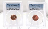 1958 & 1975-D Pennies PCGS MS65 RD 2 Coin Lot