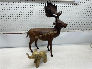 WOODEN ELEPHANT AND LEATHER MOOSE
