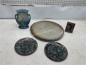 4 POTTERY PIECES AND 1 STONE PIECE
