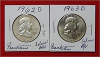 (2) Franklin Silver Half Dollars 1962 D & 1963 D