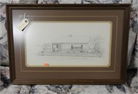 Framed pencil sketch of house by B.R. Lynch