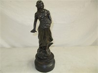 VINTAGE 14" LADY METAL STATUE WITH WOOD BASE