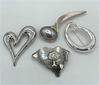 Lot of 4 Silver Tone Brooches MONET Heart,MARIE