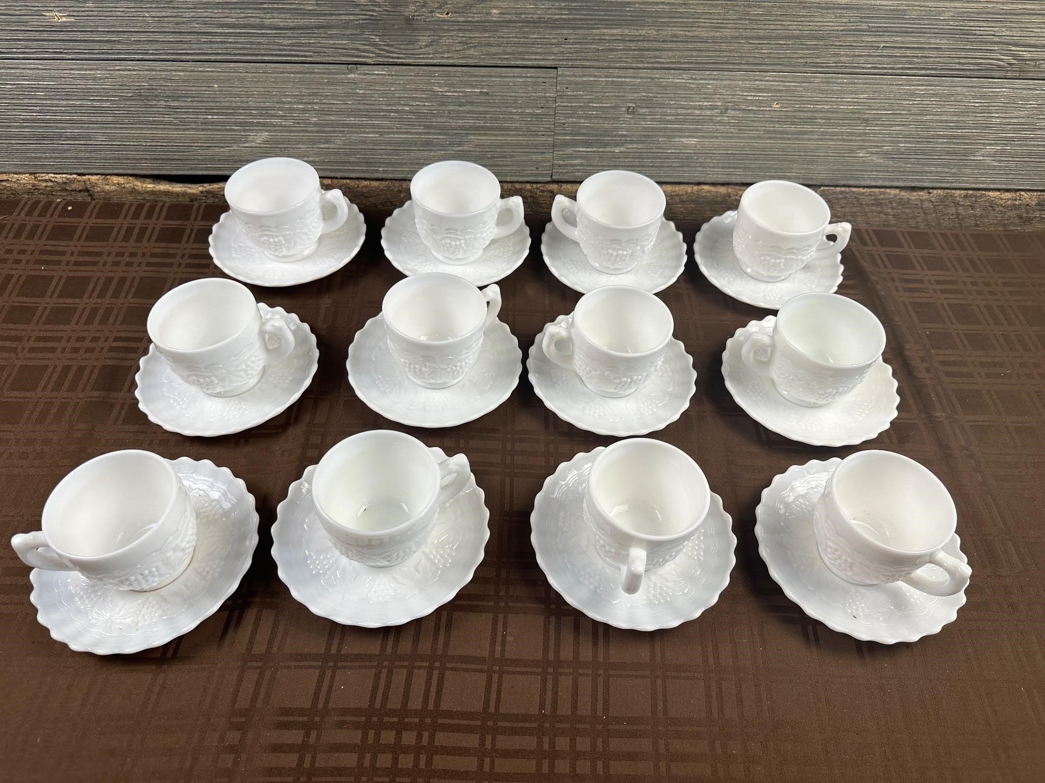 Lot Of 12 Milk Glass Cup & Saucers Grapes