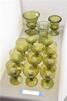 (11) Green Stemware Glasses & 3 Green Vases