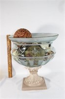 Large etched glass pedestal fleur de lis bowl