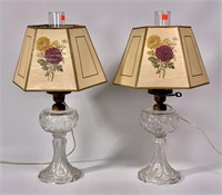Pr. Pattern glass lamps, flowered shades, 20" tall