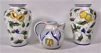 3 Italian pottery pieces, 2 vases, pitcher,