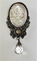 Large Sterling MOP/Marcasite Carved Cameo Pin 15G