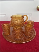 Fenton hobnail pitcher & 4 glasses and tray